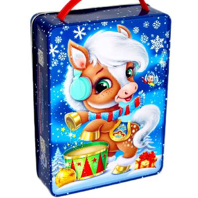 Сладкий подарок на Новый Год в жестяной упаковке весом 800 грамм